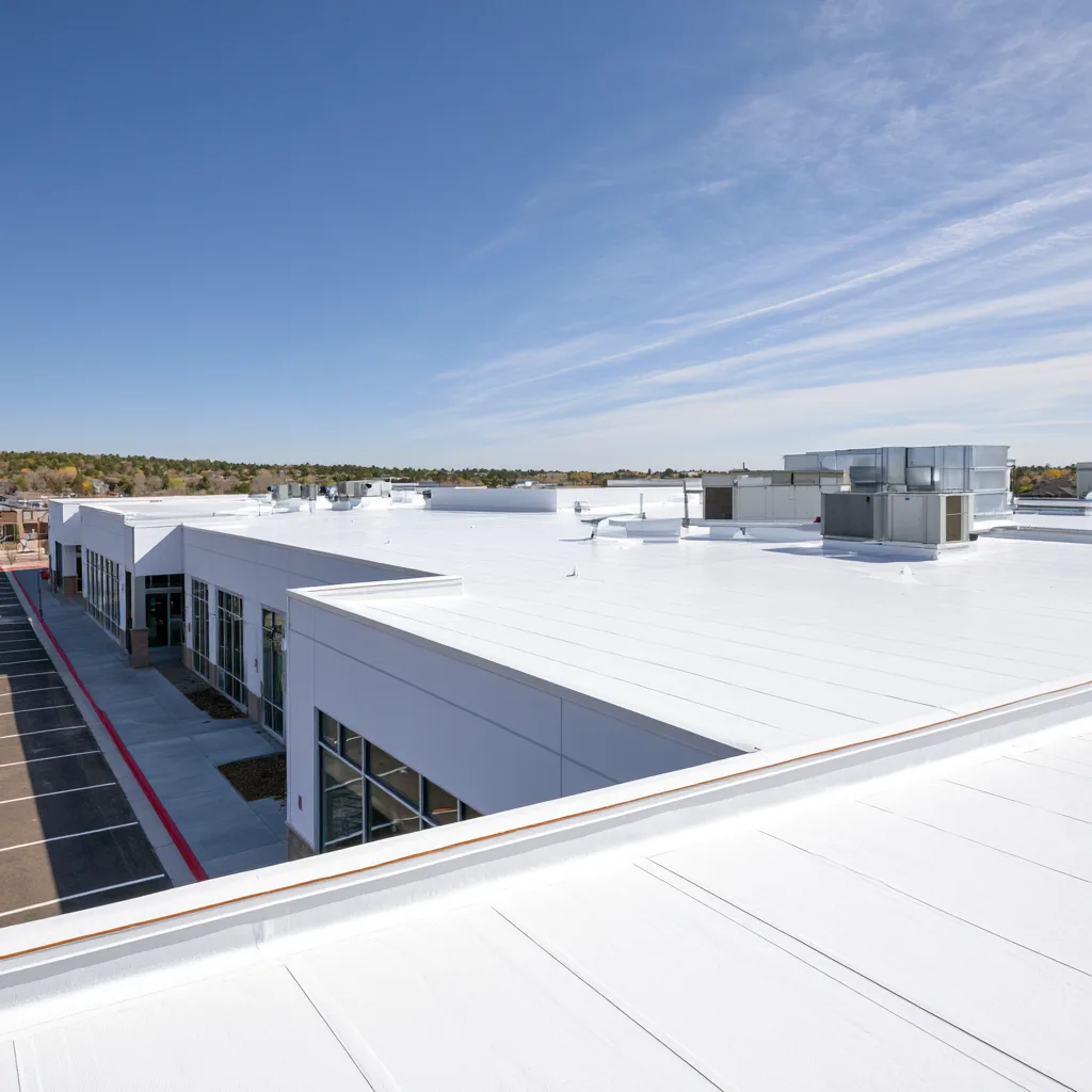White flat roofing across a retail center beside a parking lot