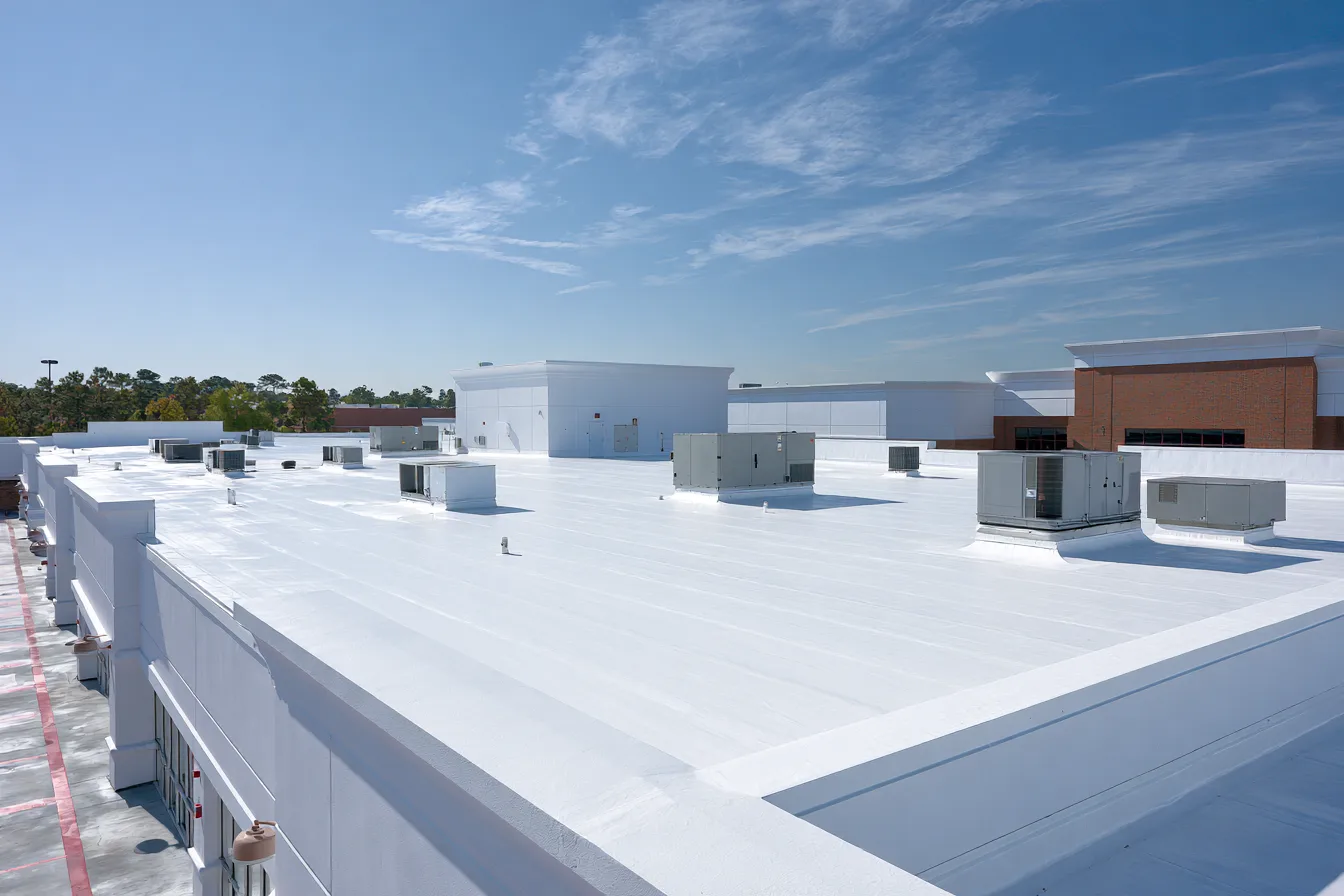 White TPO flat roof with multiple rooftop HVAC units under a clear blue sky