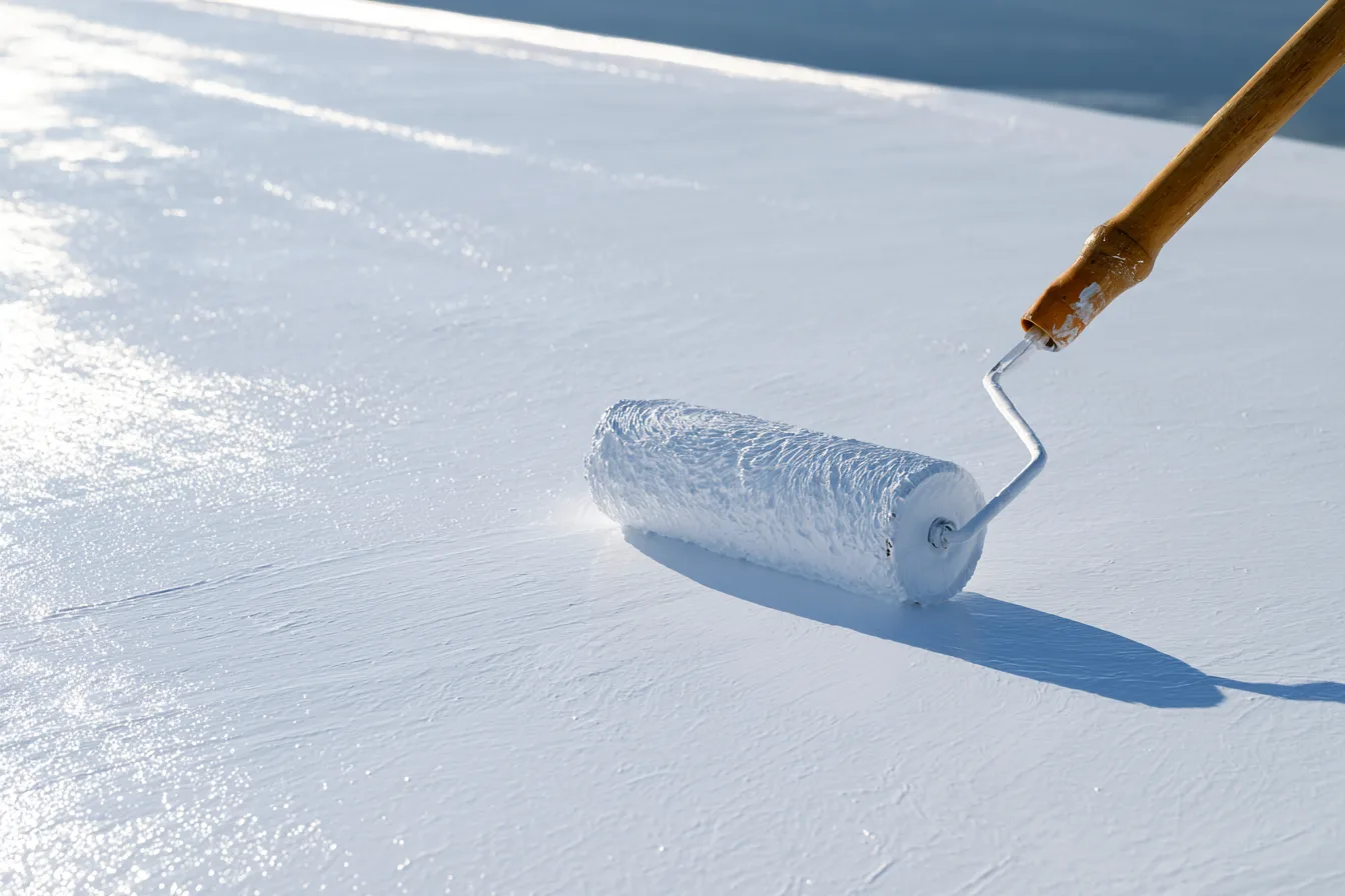 Close-up of a paint roller applying white coating to a roof surface