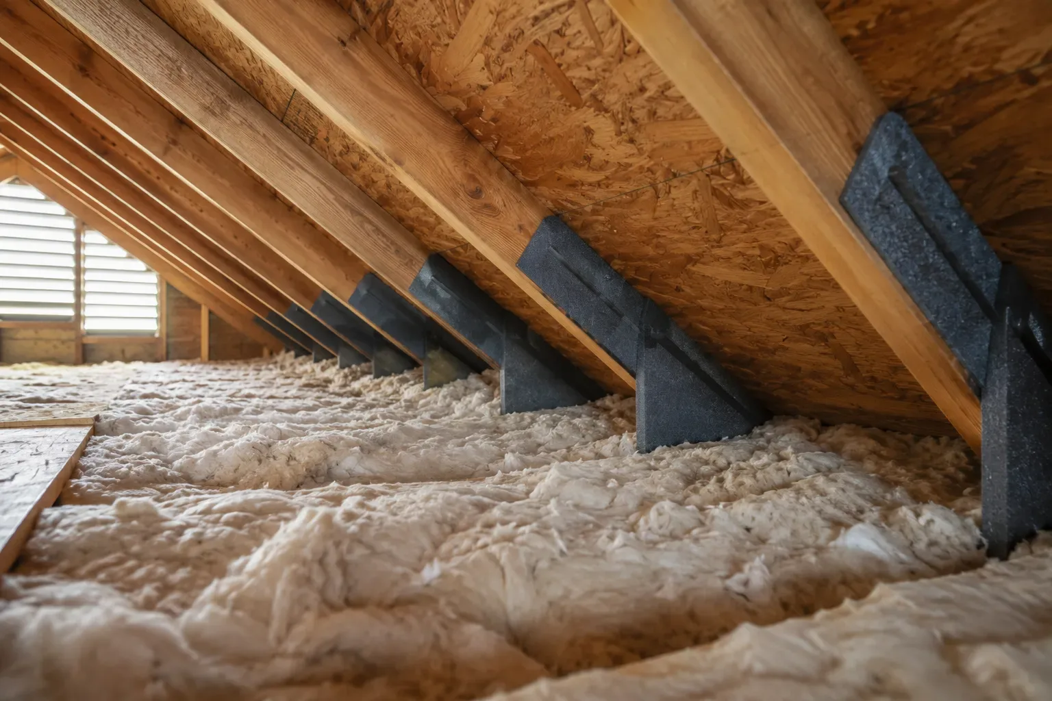 Foam ventilation baffles between rafters at the eave