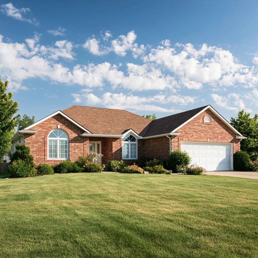 Red brick ranch home with arched windows and brown shingle roof
