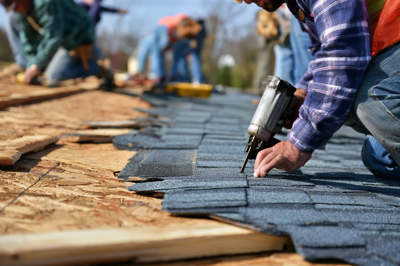 Roofers installing dark shingles over fresh plywood decking