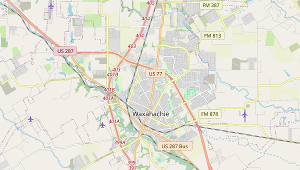 OpenStreetMap view of Waxahachie and surrounding roads, including the area north of downtown